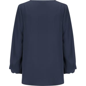 A navy blue Cali V Neck Popover shirt with long puffed sleeves and a loose fit. Features a logo.