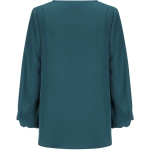 A teal V-neck popover shirt with long, balloon-style sleeves and a clean, simple back design.