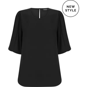 A black puff sleeve top featuring a round neckline and a keyhole detail at the back. It has a branding logo.