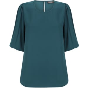 A teal puff sleeve top featuring a round neckline and a keyhole back, designed for casual wear. It has a subtle brand logo.