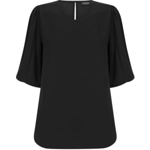 A black puff sleeve top with a loose fit and keyhole back detail. It features a round neckline and gathered sleeves.