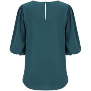 A teal Poppy Puff Sleeve Top featuring a gathered sleeve design and a back keyhole detail. It has a smooth, flowing fabric.