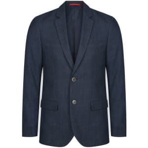 A dark blue blazer with a tailored fit, featuring two buttons and side pockets. Includes a simple logo.