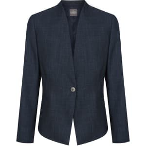 A navy jacket with a modern cut, featuring a single button closure and long sleeves, includes a brand logo.