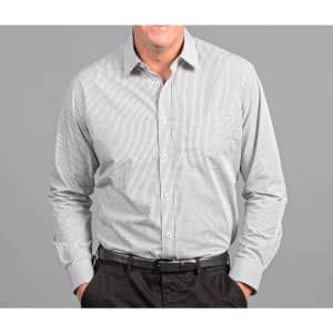 A button-up shirt in black and white checkered pattern with long sleeves, featuring a pocket and a logo.