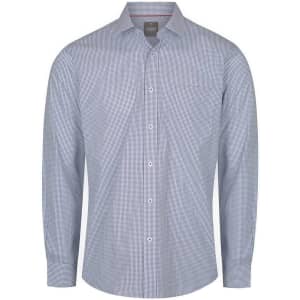 A button-up shirt featuring a blue and white check pattern with long sleeves and a chest pocket.