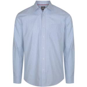 A light blue check button-up shirt with long sleeves and a chest pocket, featuring a logo on the label.