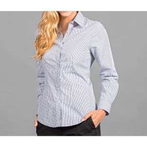 A button-up shirt in blue and white check pattern, featuring a collar and long sleeves. The model is smiling and has long hair.