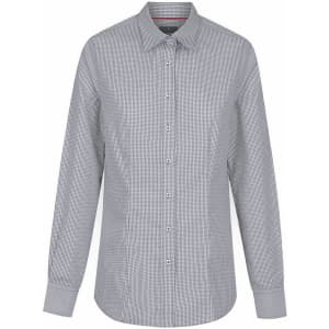A button-up shirt in black and white check pattern with a classic collar and long sleeves. Features a logo.