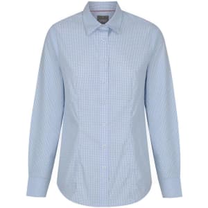 A button-up shirt in blue and white check pattern, featuring a collar and long sleeves. Includes a logo.