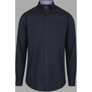 A button-up shirt in dark blue with a collar and long sleeves, featuring a subtle branding logo.