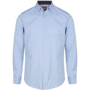A light blue button-up shirt with a collar and long sleeves, featuring a branding logo.