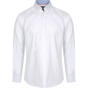 A white button-up shirt featuring a collar and long sleeves. It has a subtle contrasting detail at the collar and a logo.