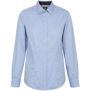 A light blue button-up shirt with a collar and long sleeves, featuring a logo on the chest.