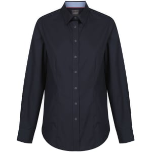 A button-up shirt in a dark navy colour with a classic collar and long sleeves, featuring a logo.