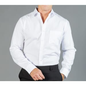 A white button-up shirt with a single chest pocket, displayed on a model against a grey background.