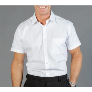 A short-sleeved white button-up shirt with a pocket, featuring a logo on the chest area.