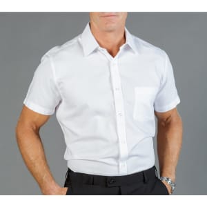 A button-up shirt in white, featuring a pocket and a collared neckline, displayed on a model.