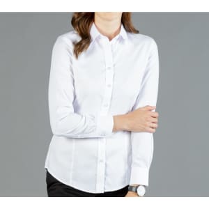 A white button-up shirt with a fitted design, featuring long sleeves and a subtle sheen.