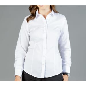 A white button-up shirt featuring a fitted design with long sleeves and a subtle logo.