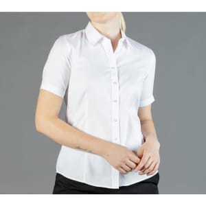 A short-sleeved button-up shirt in white, featuring a classic collar and a fitted design. The shirt has a logo.
