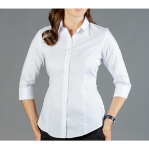 A fitted white shirt with three-quarter sleeves, featuring a button-down front and a sleek design.
