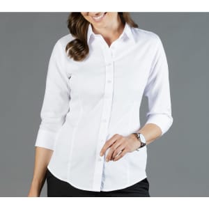 A white long-sleeve shirt with buttons and a fitted design, featuring a collar and rolled-up sleeves.