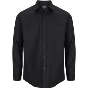 A black button-up shirt with a pocket, featuring a classic collar and long sleeves. It has a logo on the breast pocket.