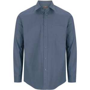 A button-up shirt in navy blue with long sleeves and a chest pocket, featuring a logo on the collar.