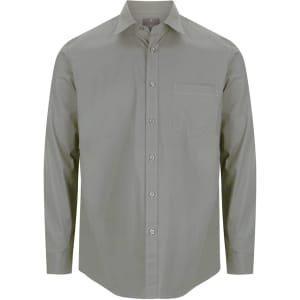 A button-up shirt in a muted green colour, featuring long sleeves and a single chest pocket. It has a logo on the label.