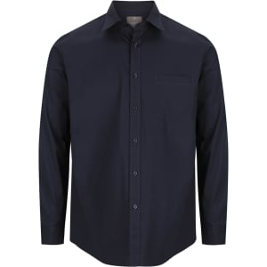 A dark navy button-up shirt with a collar, long sleeves, and a chest pocket. It features a logo on the label.