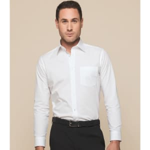 A white button-up shirt with long sleeves and a chest pocket, worn by a model against a neutral background.