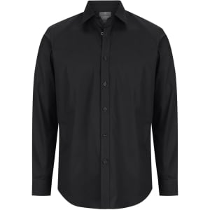 A black Olsen Slim Cotton Stretch Shirt featuring a button-up front and long sleeves. Includes a logo on the label.