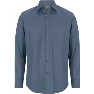 A slim-fit cotton stretch button-up shirt in a slate blue colour, featuring a collar and long sleeves.