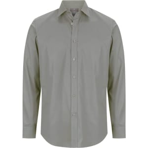 A slim-fit button-up shirt in a muted grey colour, featuring a classic collar and long sleeves.