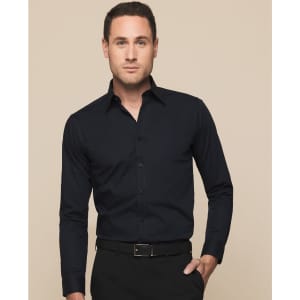 A man wearing a black Olsen Slim Cotton Stretch Shirt with a button-up design and long sleeves.