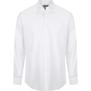 A white button-up shirt with a slim fit and long sleeves, featuring a collar and a logo.