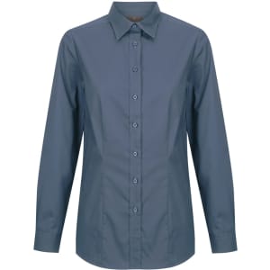 A button-up shirt in a deep blue colour, featuring a pointed collar and long sleeves. It has a logo on the chest area.