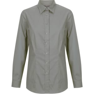 A button-up shirt in a muted olive green colour, featuring long sleeves and a classic collar. It has a logo.