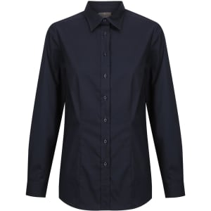 A button-up shirt in dark navy with long sleeves and a classic collar, featuring a front button placket and a logo.