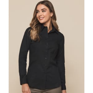 A button-up shirt in black, featuring a classic collar and a fitted design, displayed on a model.
