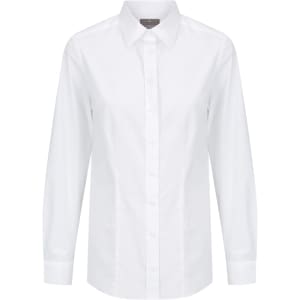 A white button-up shirt with long sleeves and a collar, featuring a front button placket and a logo.