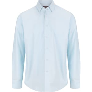A light blue button-up shirt with a collar and long sleeves, featuring a logo.