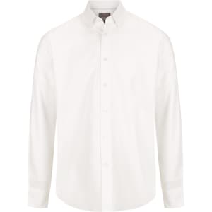 A white button-up shirt with long sleeves and a collar, featuring a branded logo.