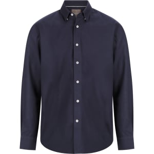 A navy blue button-up shirt with a collar and long sleeves, featuring a logo.