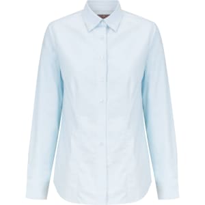 A light blue cotton button-up shirt with long sleeves and a classic collar design, featuring a logo.