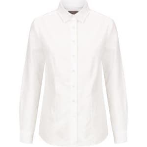 A white button-up shirt with a collar and long sleeves, featuring a logo on the chest.