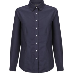 A navy blue button-up shirt with a classic collar and long sleeves, featuring a placket of white buttons.