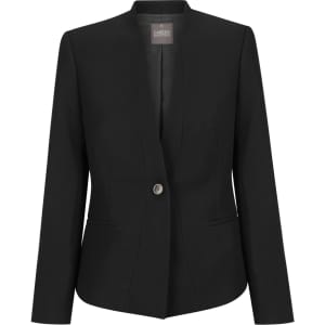 A black women's crop jacket with a single button closure and two front pockets. It features a logo on the label.