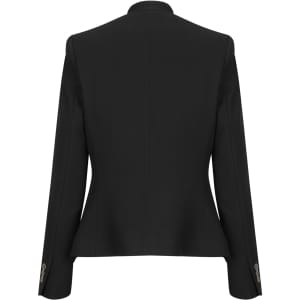 A black women's crop jacket featuring a tailored back design and buttoned sleeves, with a logo.